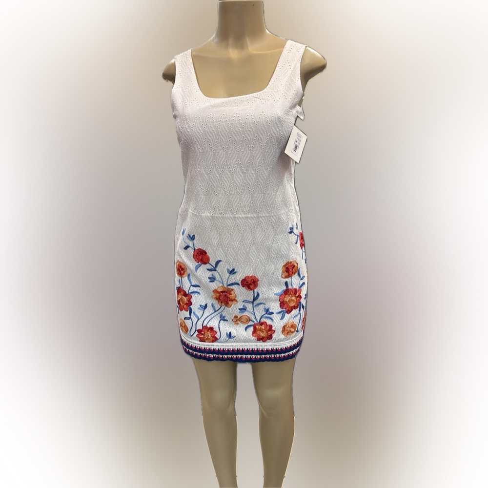 Tahari ASL White Eyelet Dress with Red and Blue Embroidery